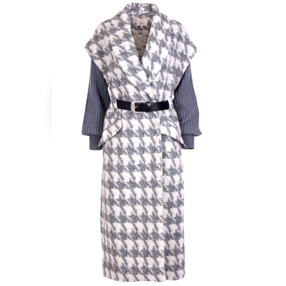 Cinq à Sept Melissa Houndstooth Wrap Coat in Gray/Ivory